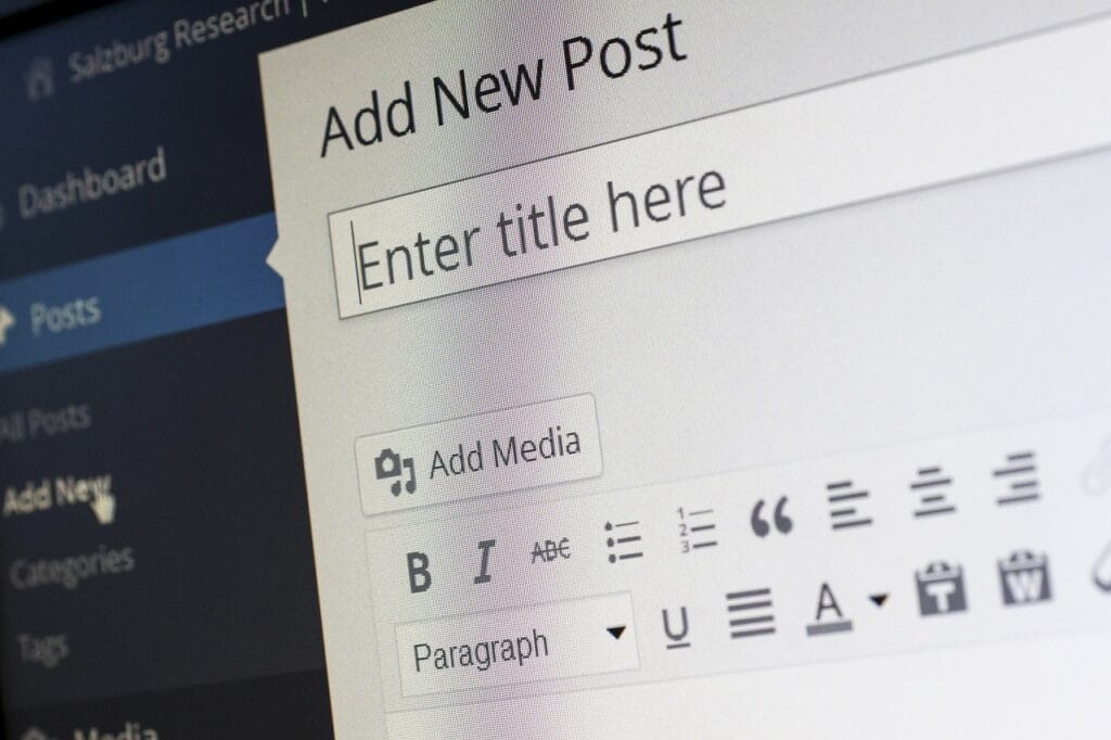 A WordPress Add New Post page. It includes options to add a title and add media.