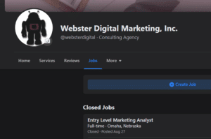 A screenshot of the Webster Digital Marketing Facebook page. It includes a closed job listing for an Entry Level Marketing Analyst.